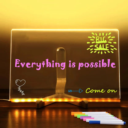 Acrylic DIY Note Board LED Night Light with USB power and colorful pens