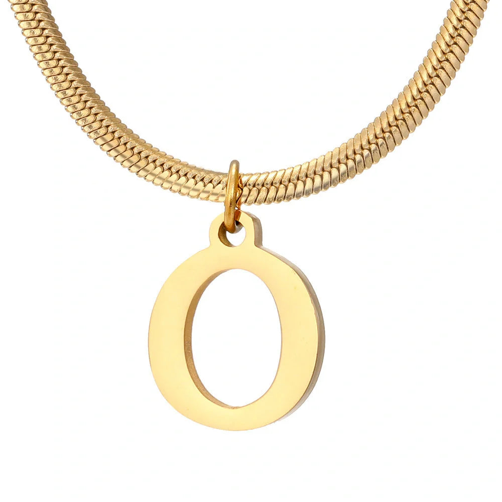 Elegant gold A-Z letter pendant necklace on a snake chain