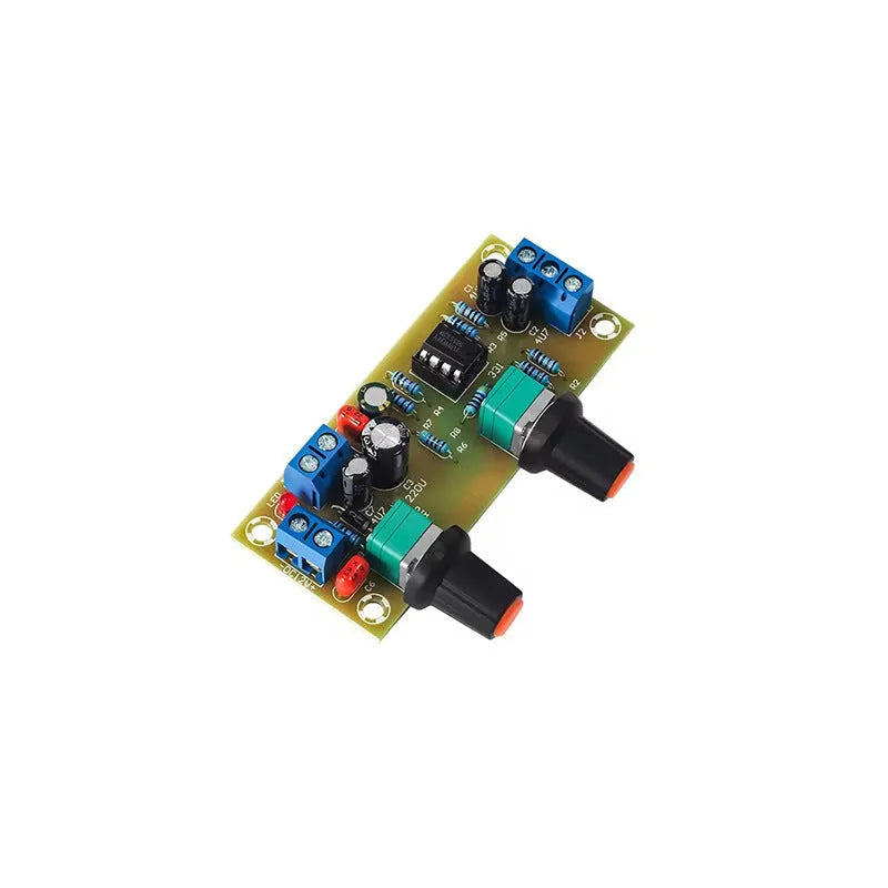 Car audio front stage board with bass boost showing PCB components and mounting holes
