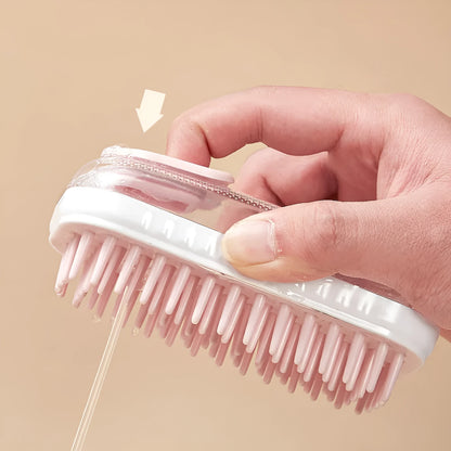 Grey and pink silicone pet bath brush with soft bristles for dogs and cats.