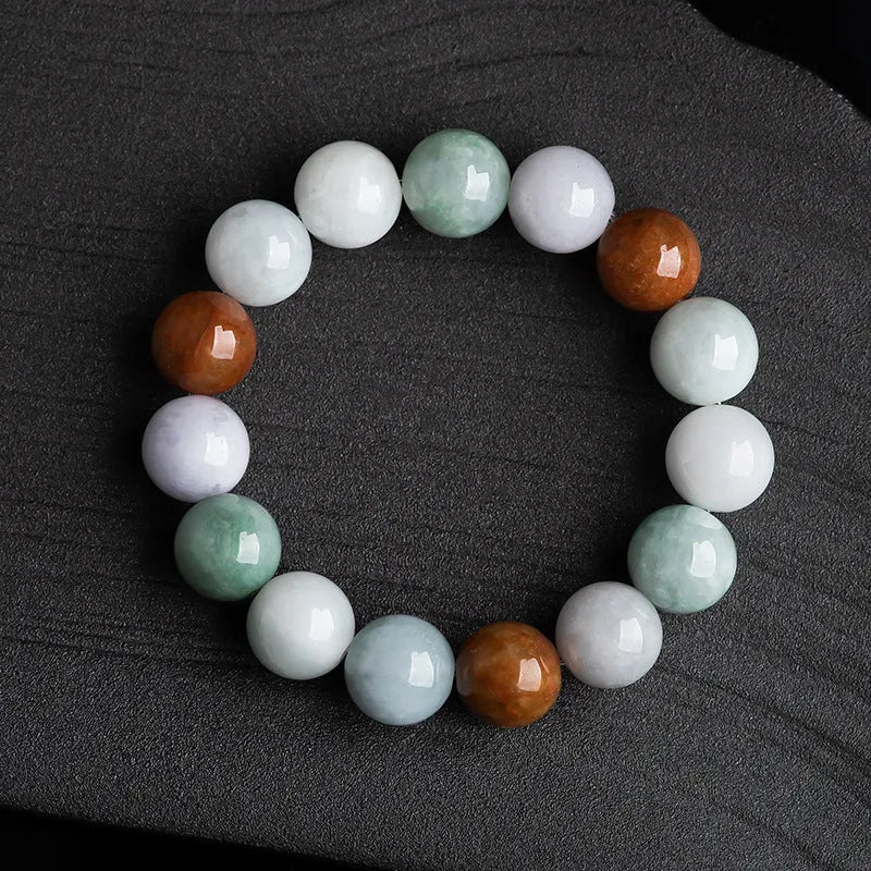 Natural Myanmar jade bracelet with three colours, round 13mm beads, traditional Asian style