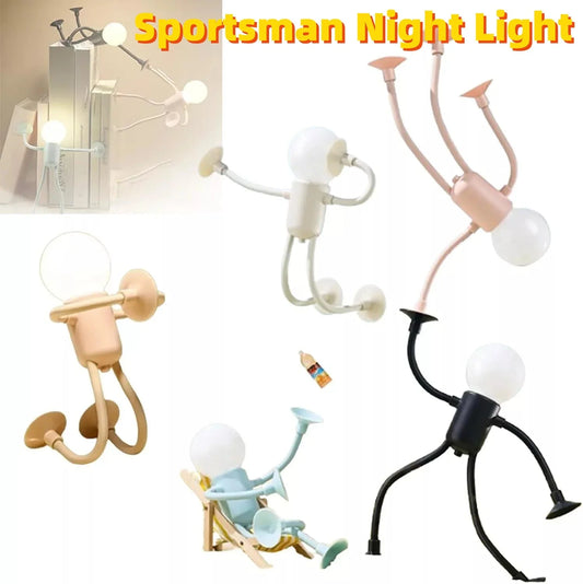 Adjustable night light with sportsman design, vacuum suction, and one-button operation for versatile desk or decor use
