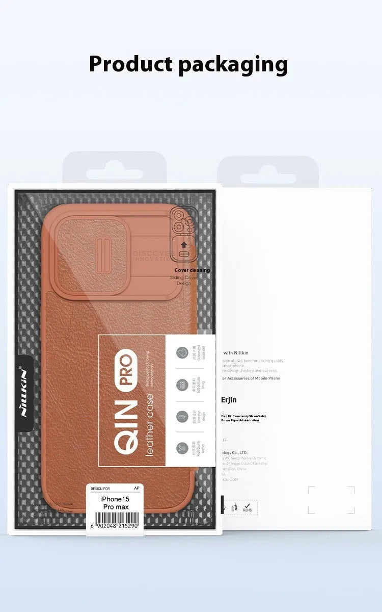 Imitation leather flip phone case for iPhone, shown in black, brown, and red colours.