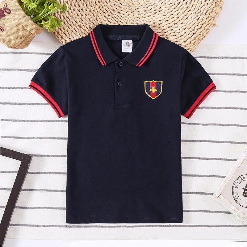 Boys' cotton short sleeve lapel collar shirt in red, navy blue, bright yellow, or off-white, sizes 90cm to 130cm.