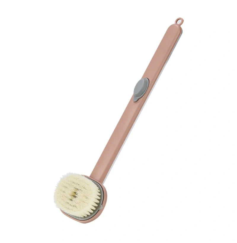Dual-purpose shower brush with ergonomic handle and detachable head in yellow, grey, green, and pink