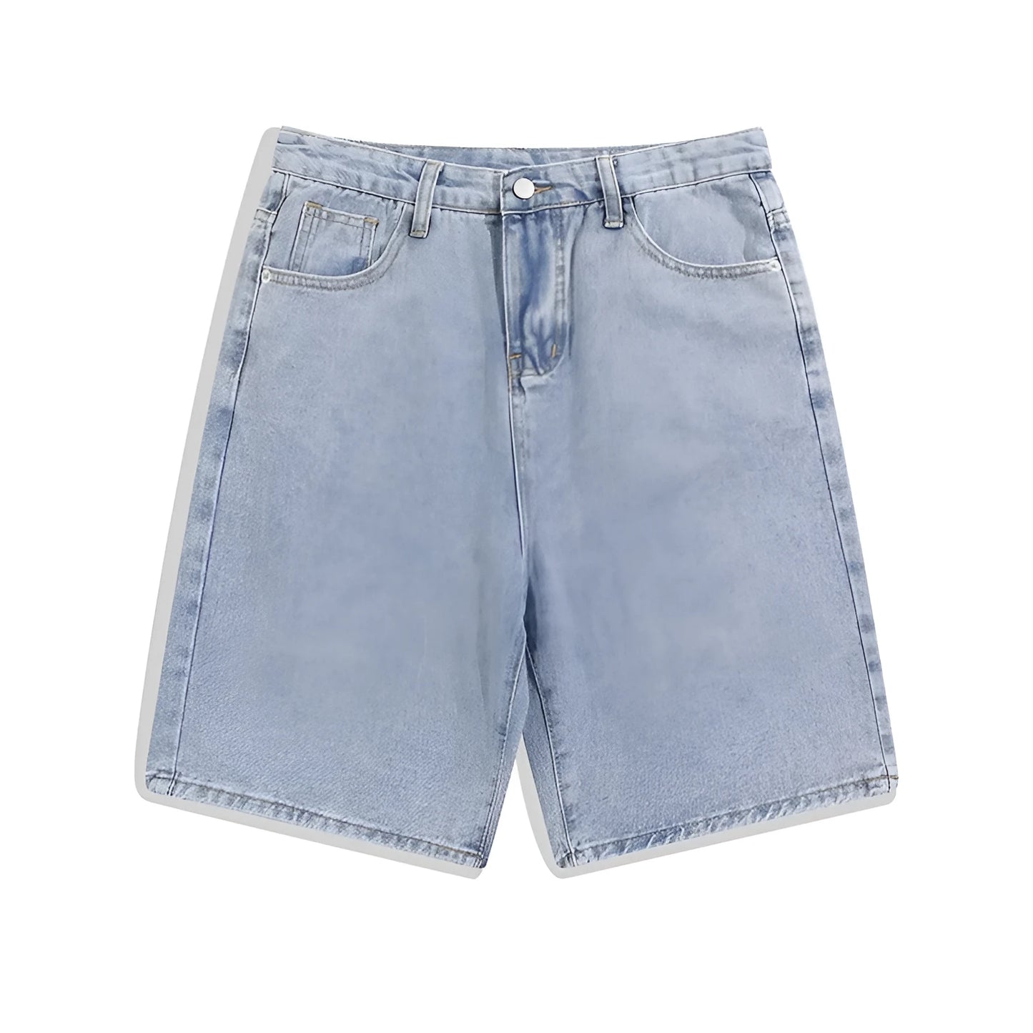 Men's straight-leg denim shorts in light blue with five-pocket design and zipper fly