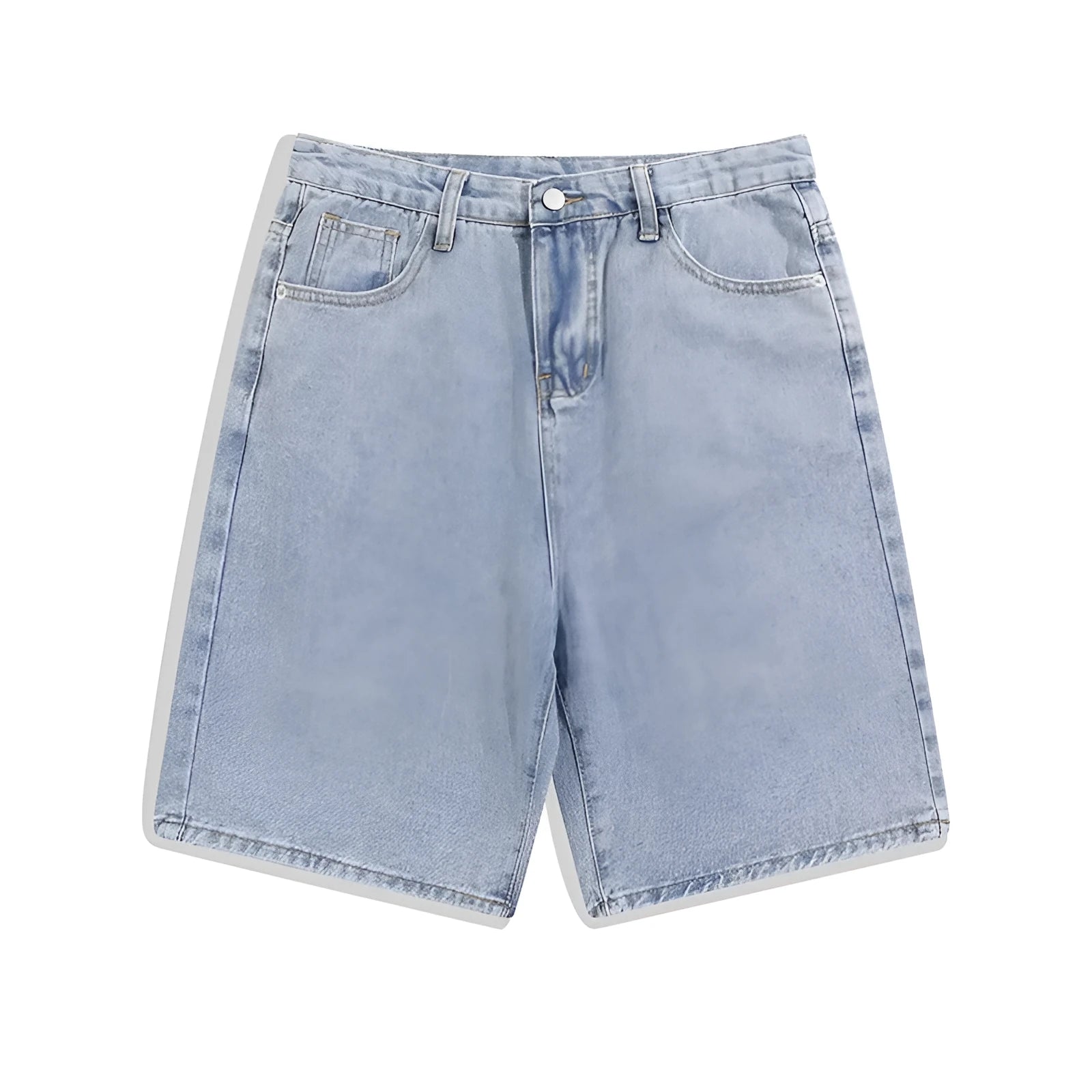 Men's straight-leg denim shorts in light blue with five-pocket design and zipper fly