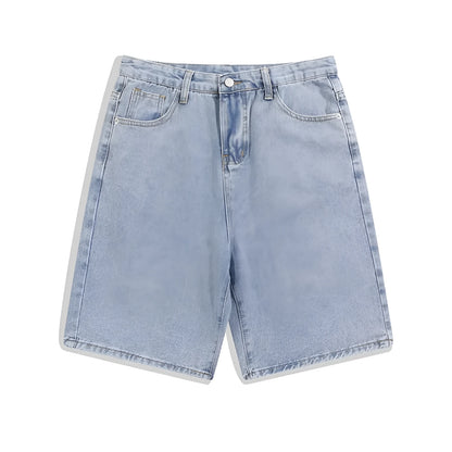 Men's straight-leg denim shorts in light blue with five-pocket design and zipper fly
