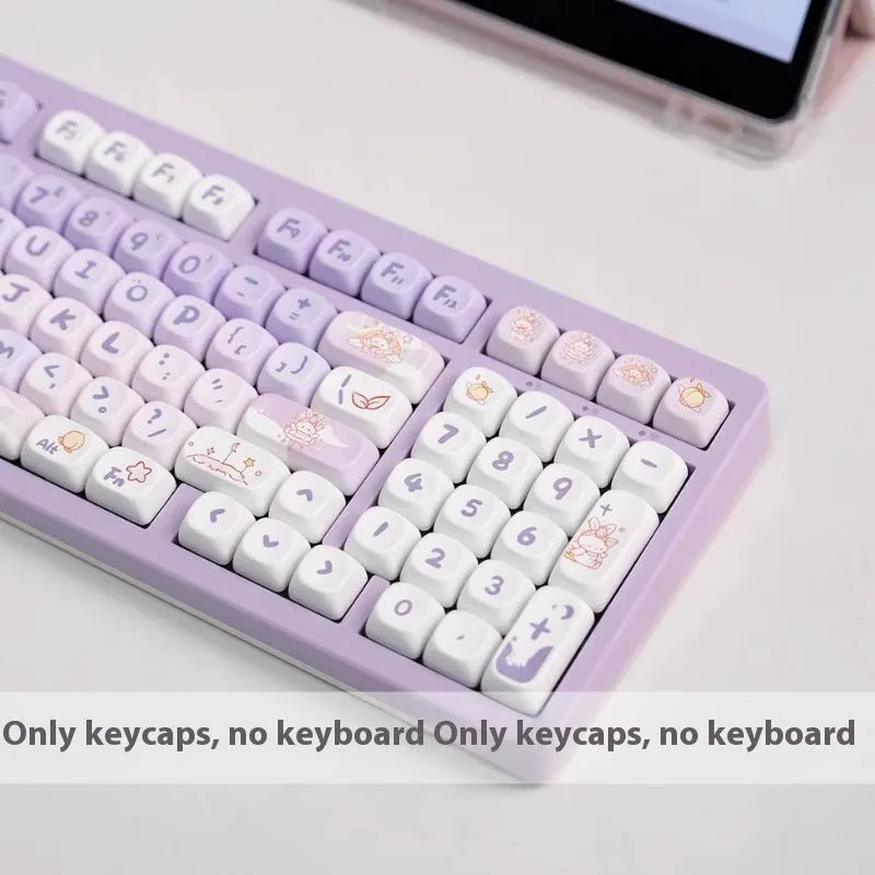 Full set of purple gradient keycaps with white rabbit illustration for mechanical keyboards