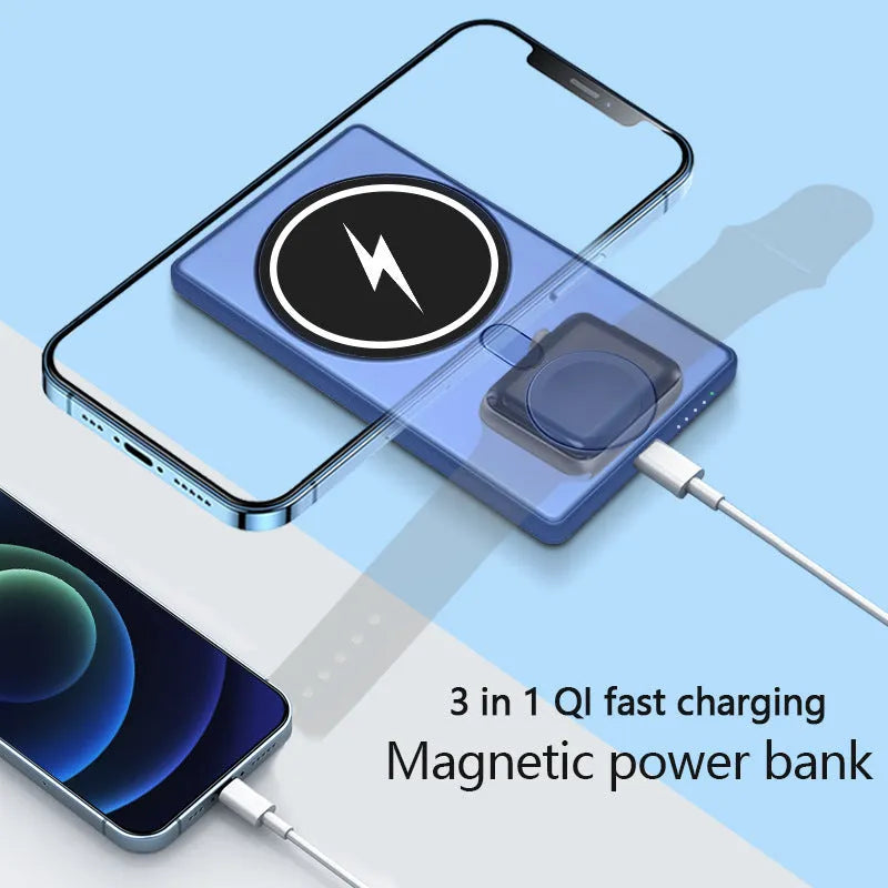 Black ultra-thin magnetic wireless charging power bank showing iPhone attached and iWatch cable connected