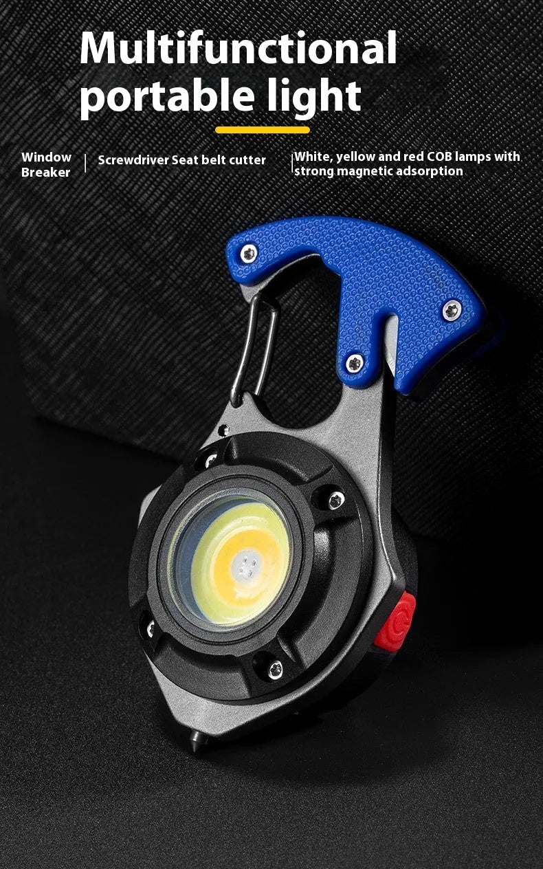 Multifunctional keychain flashlight with window breaker and screwdriver, showing Type-C charging port and LED display.