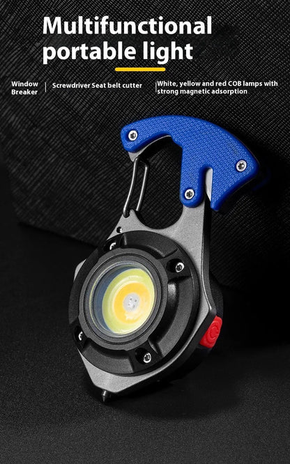 Multifunctional keychain flashlight with window breaker and screwdriver, showing Type-C charging port and LED display.