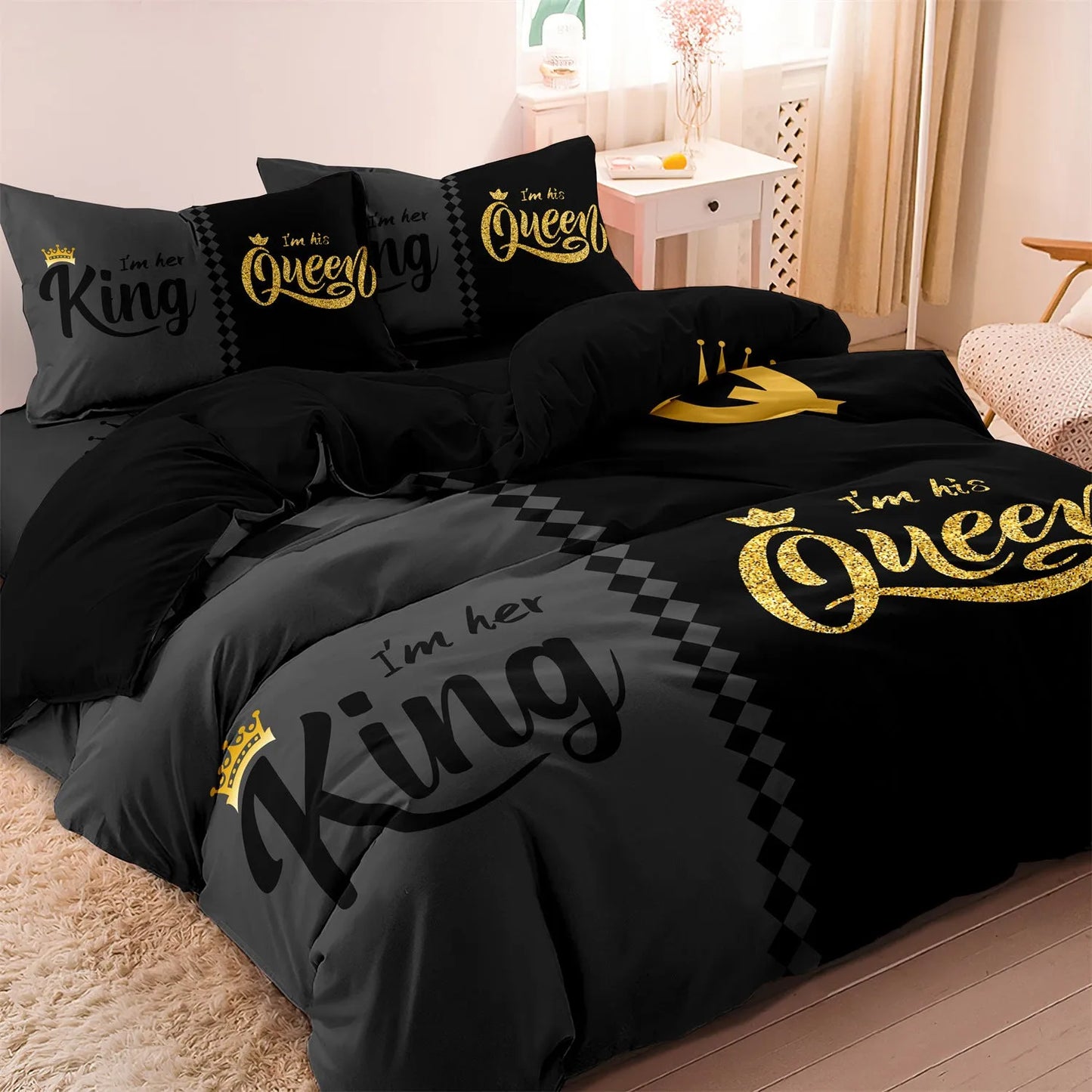 Light grey digital printed quilt cover set with two pillowcases on a bed