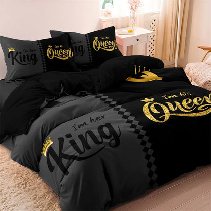 Light grey digital printed quilt cover set with two pillowcases on a bed