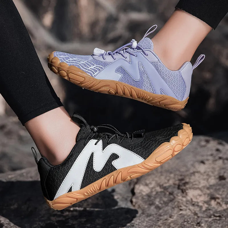 Climbing shoes with Flyknit lining and a rubber sole in A83 colour options on a climbing hold.