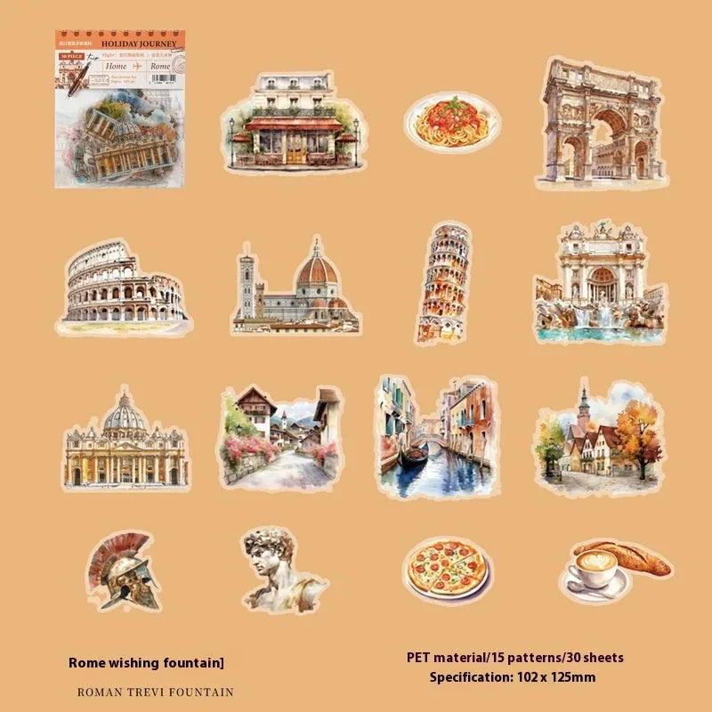 Sheet of retro-style printed stickers showing architectural landmarks including Paris Arc de Triomphe and Bangkok Grand Palace.