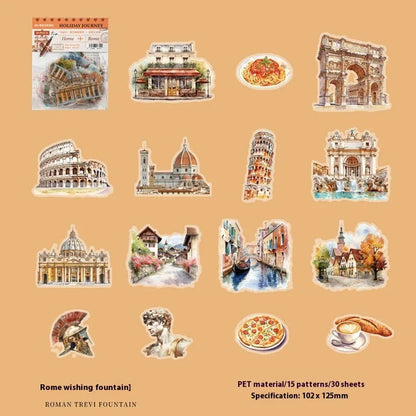 Sheet of retro-style printed stickers showing architectural landmarks including Paris Arc de Triomphe and Bangkok Grand Palace.