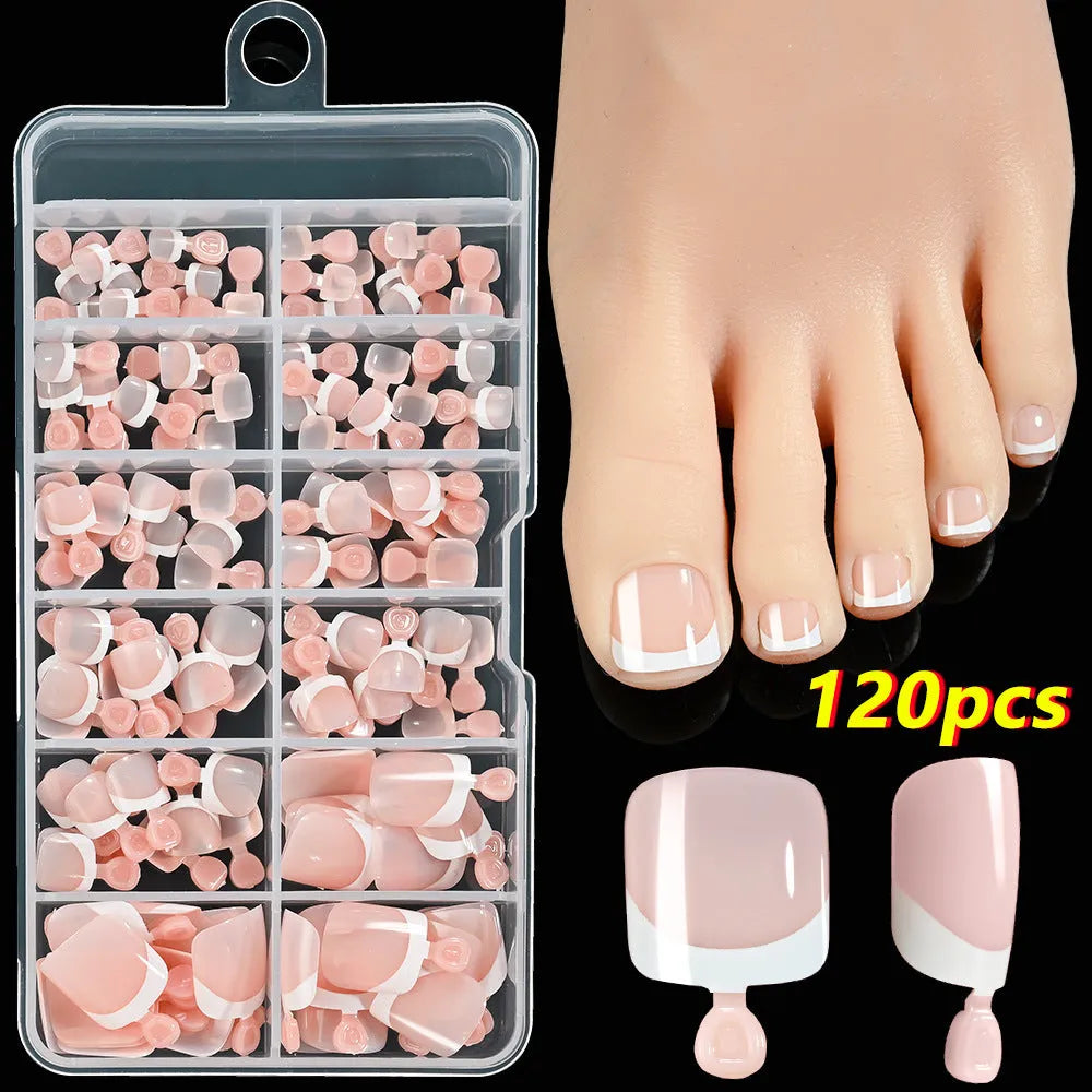 120-piece French white edge toenail pieces in nine natural nude shades, full square short shape for easy application