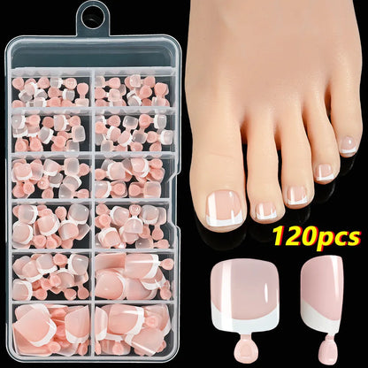 120-piece French white edge toenail pieces in nine natural nude shades, full square short shape for easy application