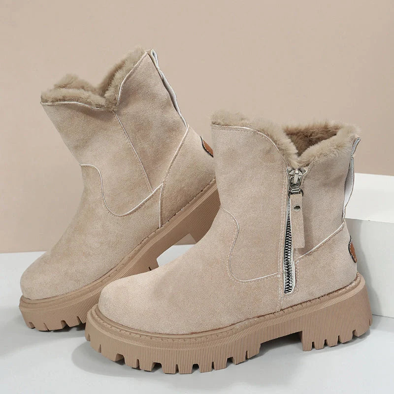 Women's snow boots with foldable plush tube and side zipper in black and khaki