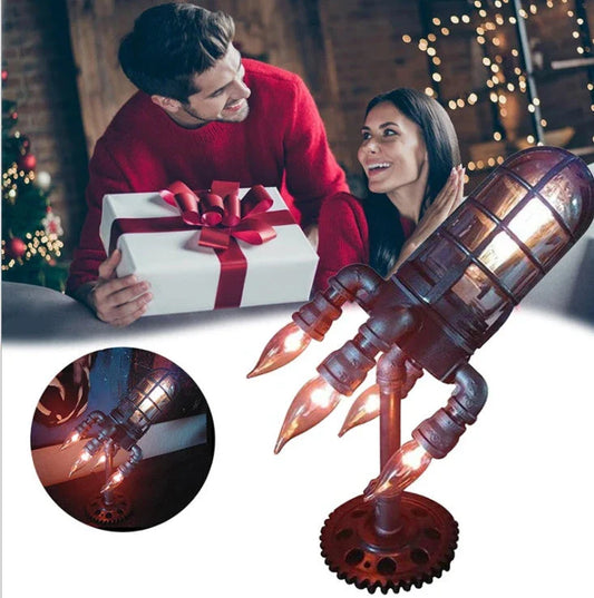 A sleek, steampunk-inspired rocket-shaped lamp with a warm, atmospheric glow, perfect for adding vintage charm to any home decor