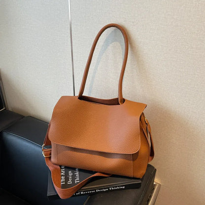Horizontal square PU leather tote bag with double shoulder straps in khaki colour.