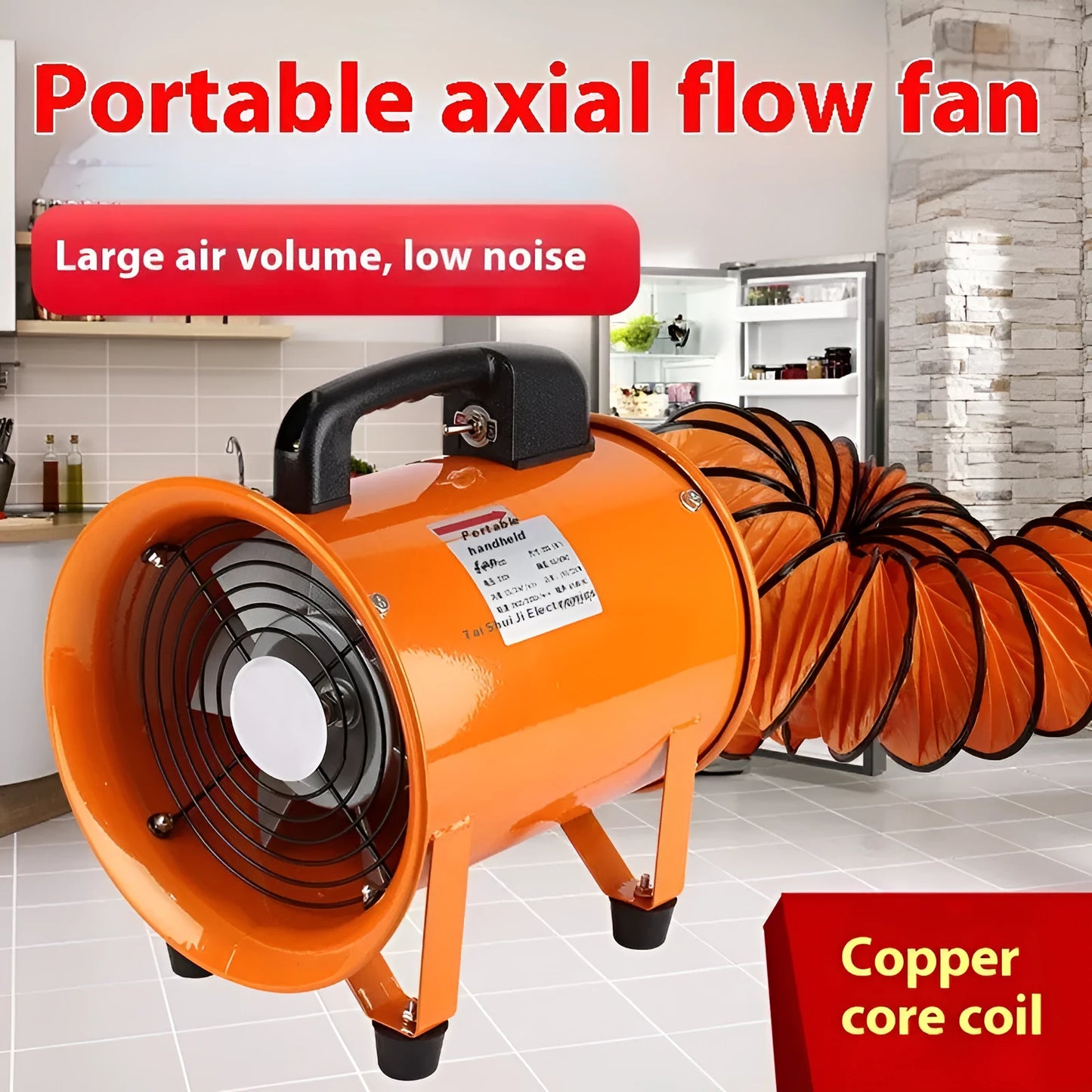 Silver 8-inch industrial axial flow fan with attached flexible silver air duct on a workshop floor.