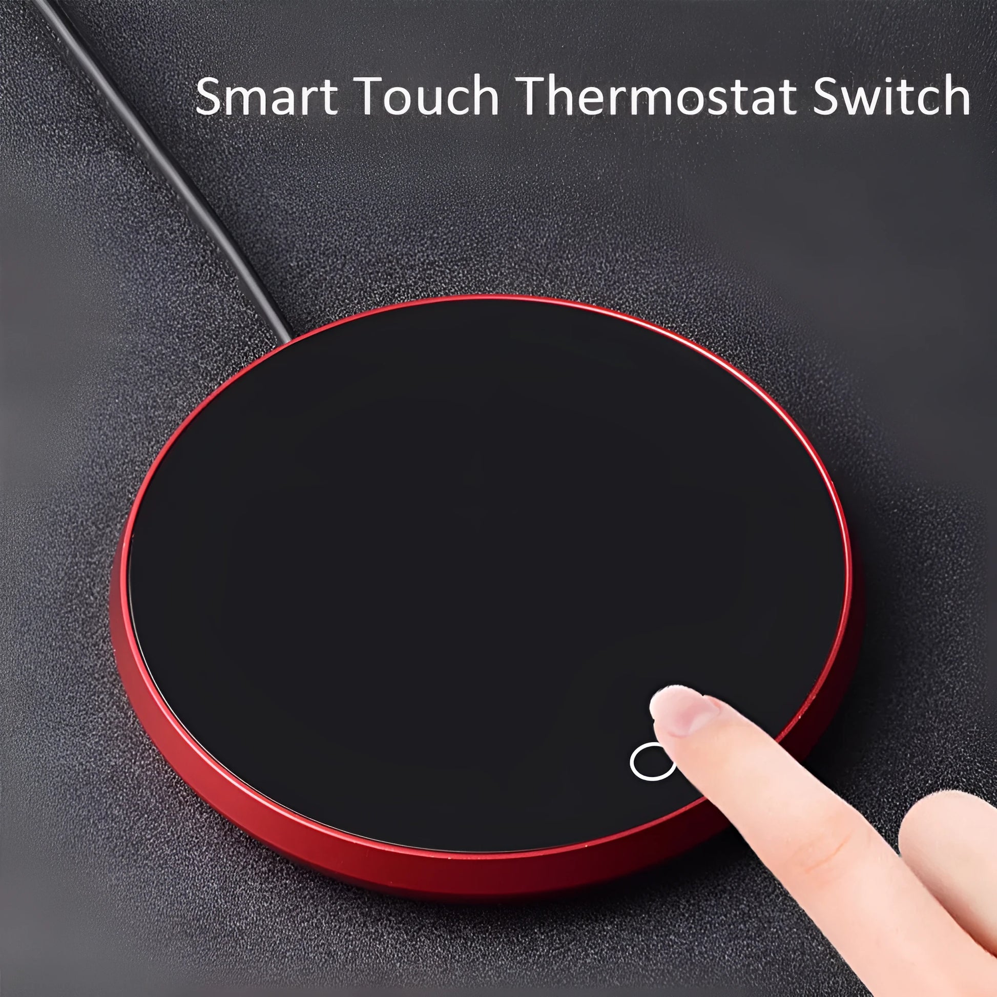 Black USB heating coaster with a mug on its tempered glass surface, showing a red LED indicator light.