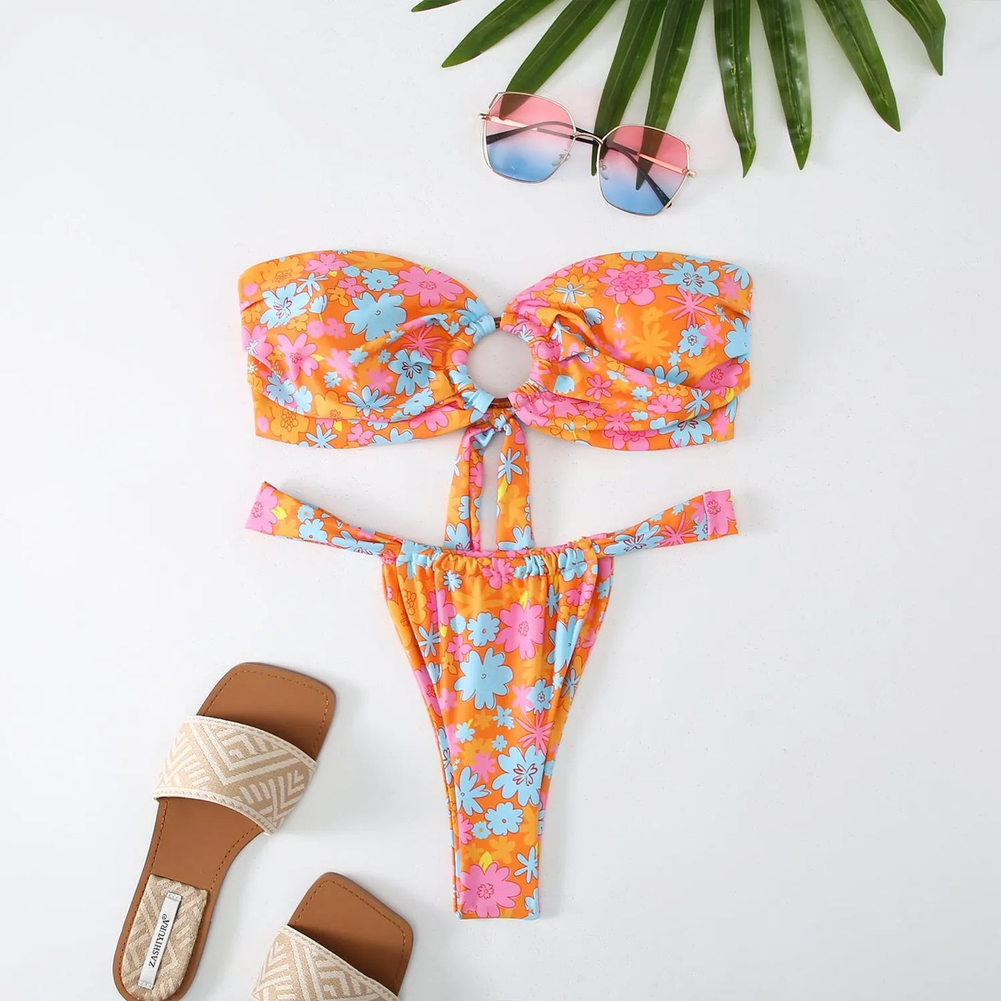 Women's floral print backless tube top bikini swimsuit set on a white background