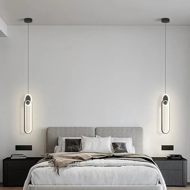 Nordic black double ring LED bed lamp chandelier with adjustable height above bedside