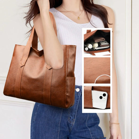 Stylish large capacity commuter shoulder bag in brown and black, perfect for autumn and winter fashion.