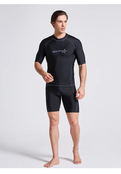 Men's quick-dry swimsuit set with swim top and pants for snorkelling and surfing activities