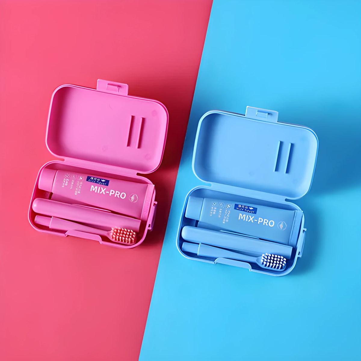 Blue travel toothbrush and toothpaste set for adults with compact design