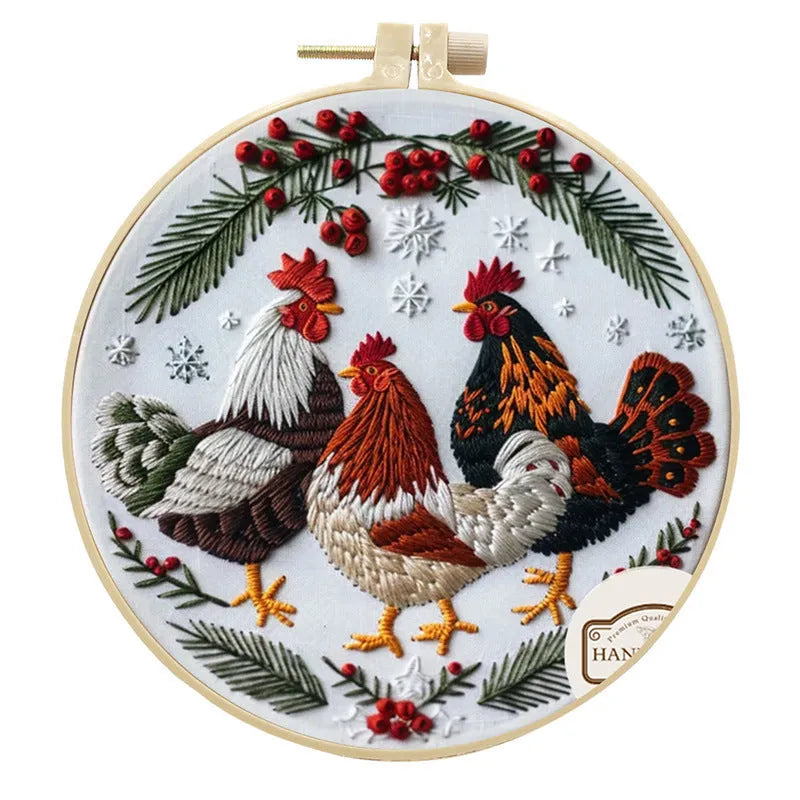 Handmade embroidery kit with cartoon pattern, bamboo frame, scissors, and cotton linen fabric