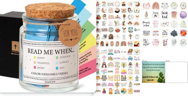 Glass Bible verses jar with cartoon design containing 90 rolled scripture papers in multiple colour options