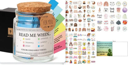 Glass Bible verses jar with cartoon design containing 90 rolled scripture papers in multiple colour options