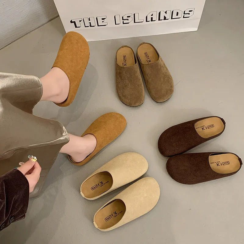 Korean-style flat outdoor slippers in apricot colour with square toe design and slip-on style