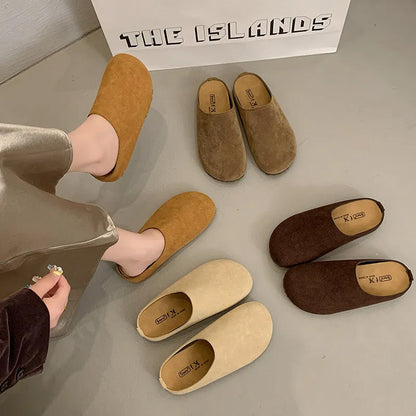 Korean-style flat outdoor slippers in apricot colour with square toe design and slip-on style