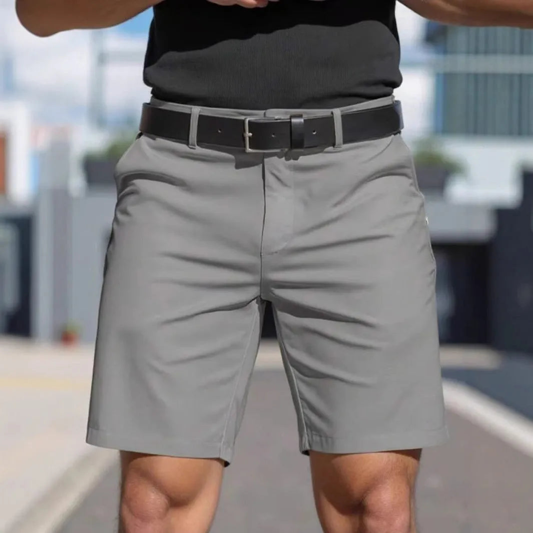 Men's straight-cut fifth pants in a solid light grey colour, showing the tailored fit.