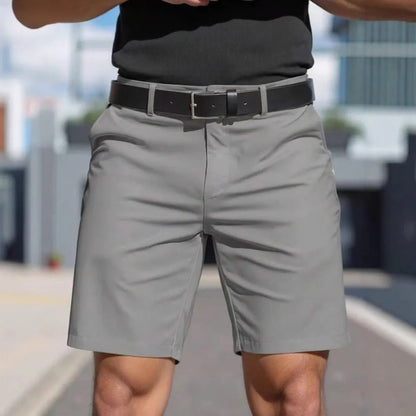 Men's straight-cut fifth pants in a solid light grey colour, showing the tailored fit.