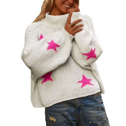 White women's loose turtleneck sweater with five-pointed star pattern and imitation velvet fabric