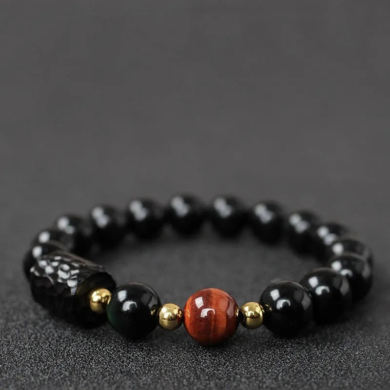 Handcrafted obsidian and tiger eye bead bracelet with 10mm diameter stones