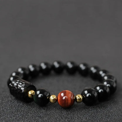 Handcrafted obsidian and tiger eye bead bracelet with 10mm diameter stones