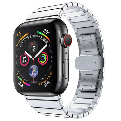 Stainless steel metal chain Apple Watch strap with butterfly buckle in silver.