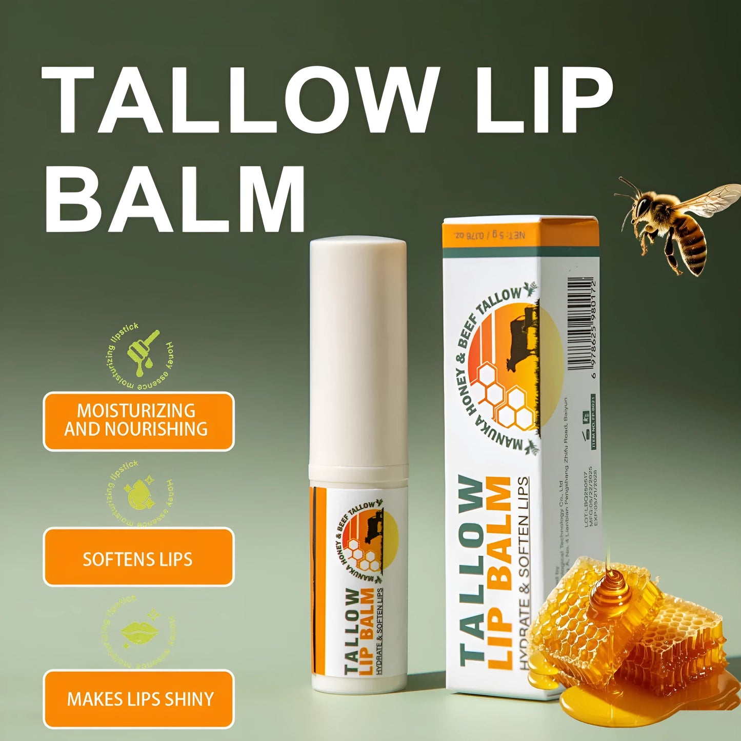 5g tallow lip balm refillable stick measuring 83mm in length with 19mm diameter
