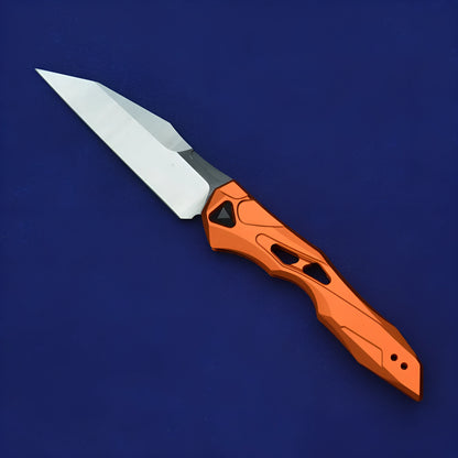 Black folding fruit knife with D2 steel blade and aluminium handle, shown open with length scale.