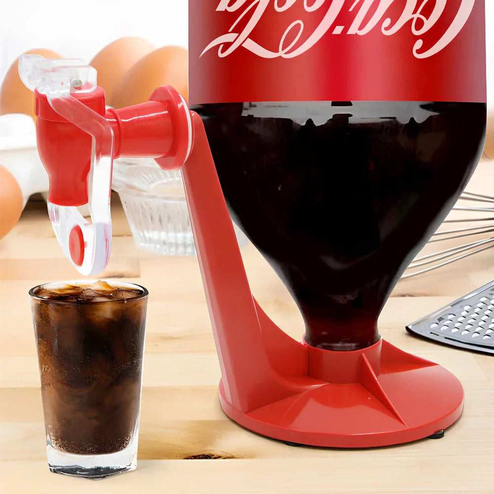 Red automatic soda dispenser gadget attached to beverage bottle for hands-free pouring