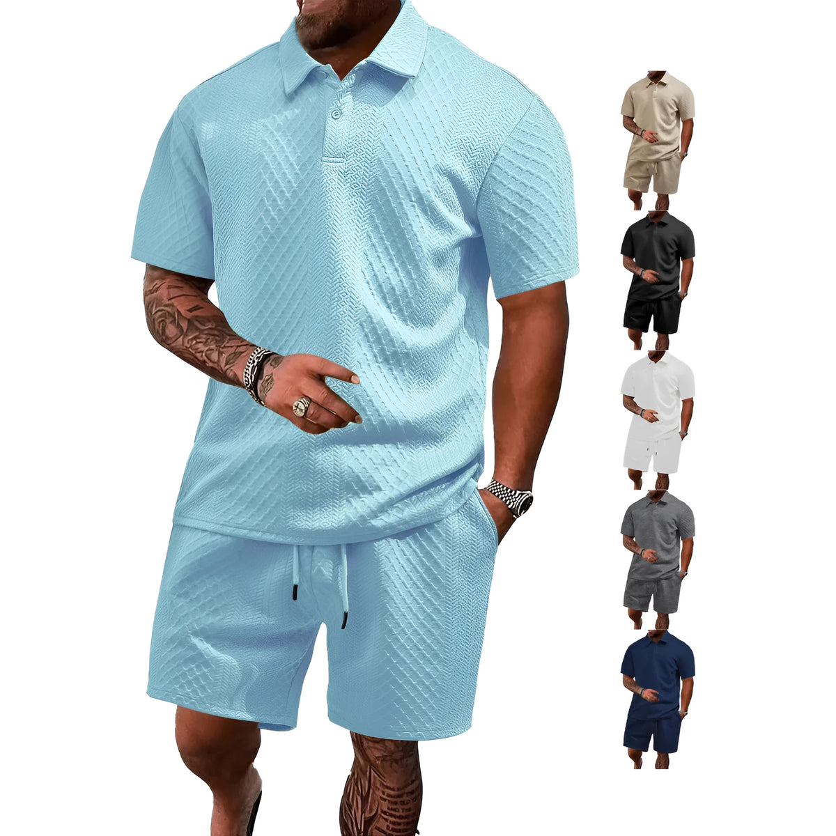 Men's patterned cloth short sleeve casual suit set in multiple colour options