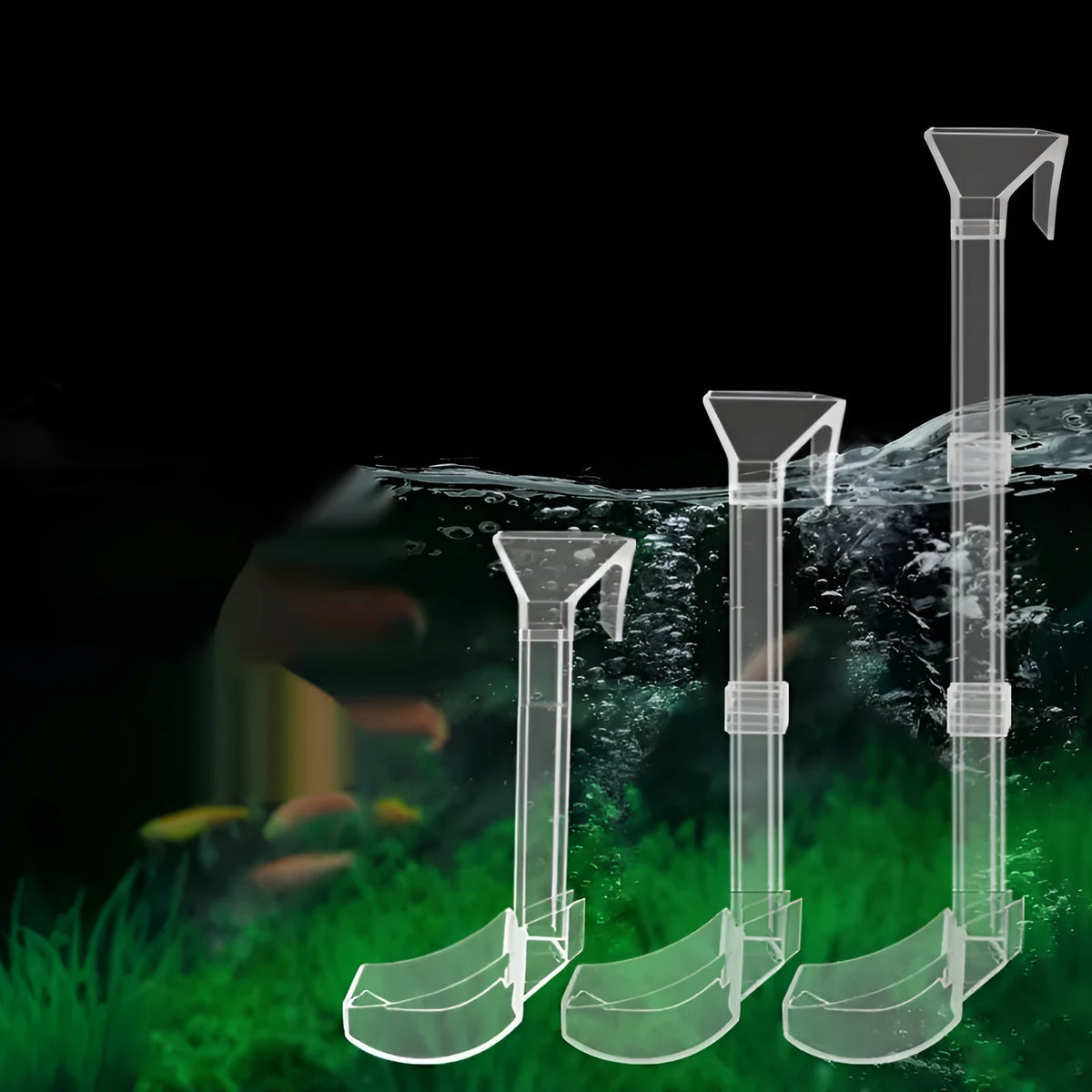 Aquarium feeding dish set with three tube lengths, cleaning brushes and feed spoons
