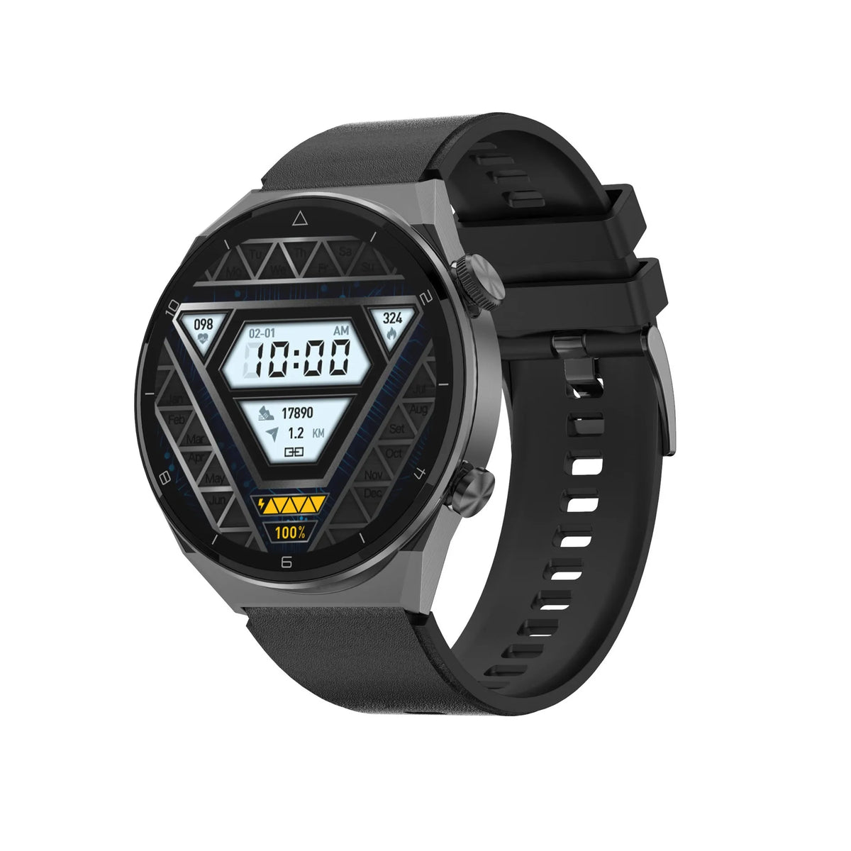 Simple metal smartwatch with black silicone strap and 1.45-inch screen displaying heart rate.
